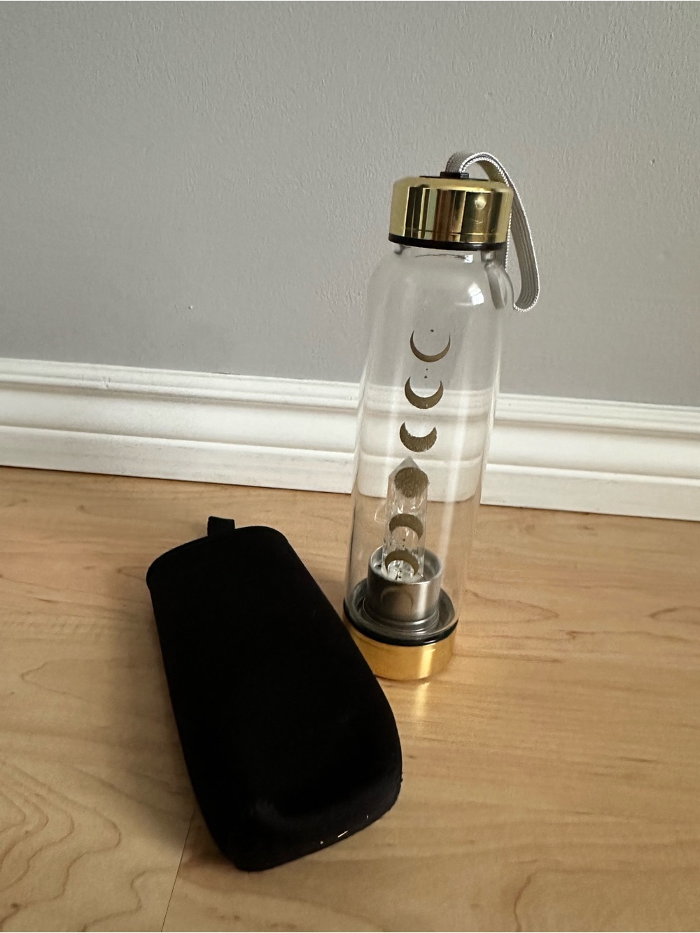 Gold Accent Moon Phase Glass Water Bottle with Crystal